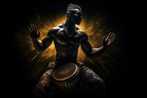 ai gerado africano baterista dentro tradicional roupas jogando djembe tambor e dançando contra uma Sombrio fundo. a homem batidas Fora uma groovy ritmo. uma brilhante desempenho de uma músico. foto