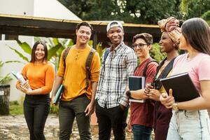 grupo do internacional alunos tendo Diversão depois de estudo. foto