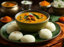 ai gerado vegetariano sul indiano café da manhã thali - Idli vada Sambar molho picante upma foto