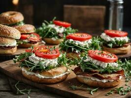 ai gerado bagel, bacon, linguiça e ovo café da manhã sanduíche foto