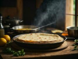 ai gerado hapati tava roti Além disso conhecido Como indiano pão ou fulka phulka. a Principal ingrediente do almoço jantar dentro Índia Paquistão foto