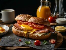 ai gerado forte café da manhã sanduíche em uma bagel foto