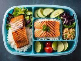 ai gerado almoço caixa containers com grelhado salmão peixe filé, arroz e salada foto