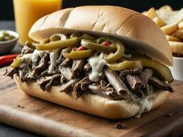 ai gerado delicioso Filadélfia cheesesteak com picado lombo bife com picles verde pimentas cebolas e provolone queijo dentro uma fresco rolar. tradicional americano foto