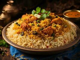 ai gerado frango Biryani picante indiano malabar Biryani Hyderabadi Biryani, dum Biriyani pulao dourado tigela foto