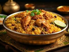 ai gerado frango Biryani , Kerala estilo frango dhum Biriyani fez usando Jeera arroz e especiarias arranjado dentro uma latão servindo tigela foto