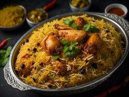 ai gerado frango Biryani picante indiano malabar Biryani Hyderabadi Biryani, dum Biriyani pulao dourado tigela foto