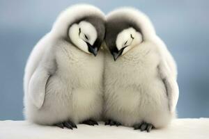 ai gerado sonolento pinguins abraçar. uma doce expressão do amor, Cuidado, e apoiar. perfeito para dia dos namorados dia e animais selvagens temas. suave matizes. ai gerado. foto