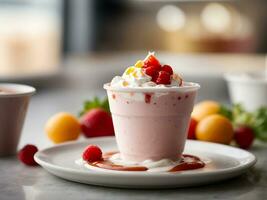 ai gerado cremoso baunilha congeladas iogurte coberto com fresco tropical fruta servido dentro uma plástico foto