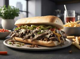 ai gerado saboroso carne bife sanduíche com cebolas, cogumelo e derretido provolone queijo dentro uma ciabatta foto