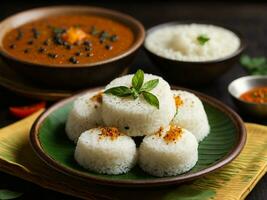 ai gerado vegetariano sul indiano café da manhã thali - Idli vada Sambar molho picante upma foto