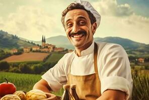 ai gerado masculino italiano feliz chefe de cozinha ao ar livre natureza. gerar ai foto