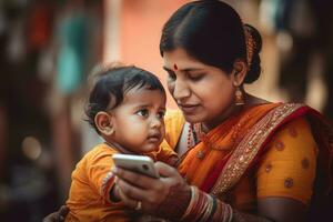 ai gerado indiano mãe criança telefone estilo de vida. gerar ai foto
