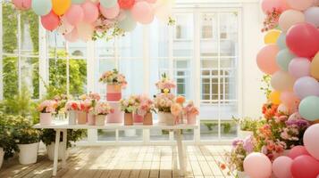 ai gerado florescendo flores e colorida balões conjunto a perfeito pano de fundo foto