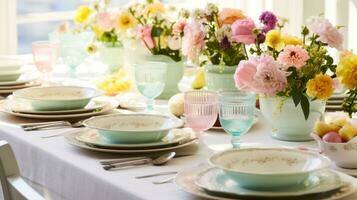 ai gerado uma mesa decorado com fresco flores e de cor pastel talheres convida convidados para uma animado Primavera reunião. foto