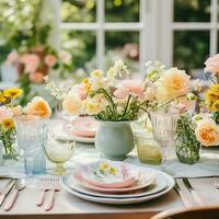 ai gerado uma mesa decorado com fresco flores e de cor pastel talheres convida convidados para uma animado Primavera reunião. foto