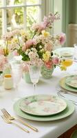 ai gerado uma mesa decorado com fresco flores e de cor pastel talheres convida convidados para uma animado Primavera reunião. foto