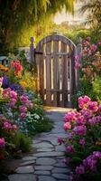 ai gerado uma pitoresco Primavera jardim com uma rústico de madeira portão e uma variedade do colorida flores, foto