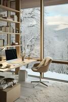 ai gerado uma casa escritório com uma Visão do uma Nevado paisagem, foto