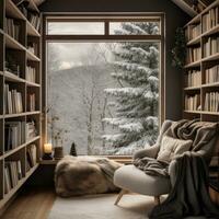 ai gerado uma lendo recanto com uma confortável poltrona e uma estante de livros preenchidas com com tema de inverno lê, foto