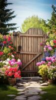 ai gerado uma pitoresco Primavera jardim com uma rústico de madeira portão e uma variedade do colorida flores, foto