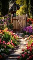 ai gerado uma pitoresco Primavera jardim com uma rústico de madeira portão e uma variedade do colorida flores, foto