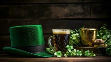 ai gerado uma Diversão st. patrick's dia imagem com uma verde topo chapéu, trevos, foto