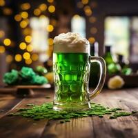 ai gerado uma festivo st. patrick's dia imagem com uma verde Cerveja caneca e uma trevo em uma de madeira mesa foto