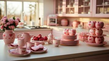 ai gerado uma cozinha decorado com em forma de coração bolacha cortadores, vermelho e Rosa utensílios, foto