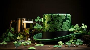 ai gerado uma Diversão st. patrick's dia imagem com uma verde topo chapéu, trevos, foto