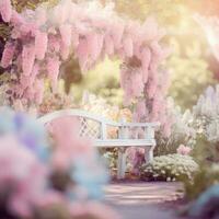 ai gerado uma sonhadores Primavera jardim com uma suave foco e pastel cores, Eu foto