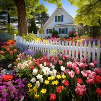ai gerado uma encantador Primavera jardim com uma branco piquete cerca e uma misturar do colorida flores, foto
