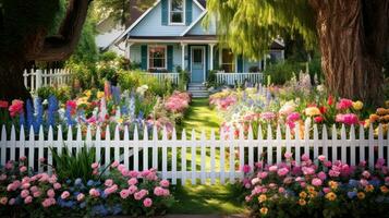 ai gerado uma encantador Primavera jardim com uma branco piquete cerca e uma misturar do colorida flores, foto