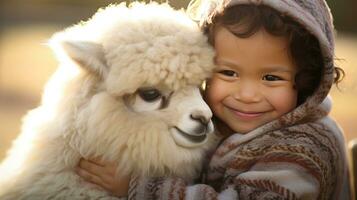 ai gerado uma radiante criança pequena berços uma fofo e contente bebê alpaca, foto