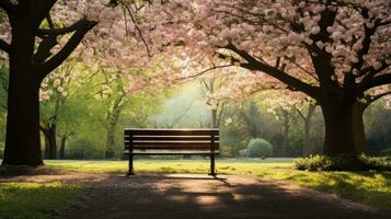 ai gerado uma pacífico imagem do uma solitário parque Banco aninhado entre florescendo árvores e exuberante vegetação, foto