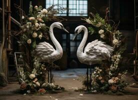 ai gerado Casamento etiqueta cisnes com cerimônia arco, foto