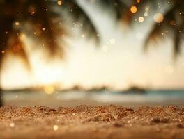 ai gerado areia em uma de praia com Palma árvores Como fundo fundo, foto