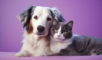 ai gerado cachorros e gatos juntos em uma Rosa fundo, foto