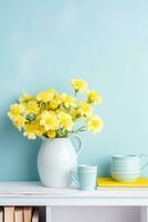ai gerado brilhante amarelo flores dentro uma vaso em uma branco estante foto