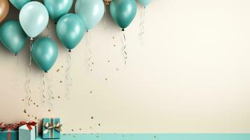 ai gerado fundo aniversário fronteira com balões e festa chapéus, luz cerceta foto