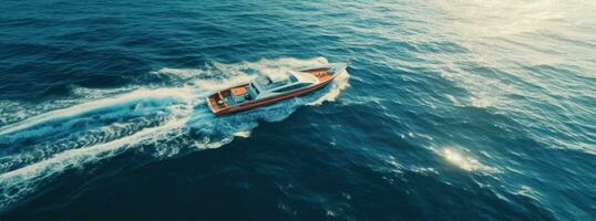 ai gerado aéreo cenas do barco excesso de velocidade através a oceano barco foto