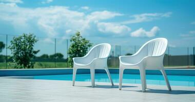 ai gerado uma branco piscina e alguns cadeiras lado de fora com uma azul céu, foto