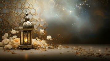 ai gerado uma majestoso prata e ouro fundo com lindo árabe caligrafia e uma brilhante lanterna peça central foto