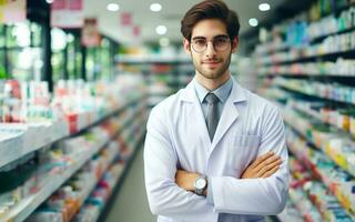 ai gerado uma farmacêutico carrinhos com dele braços cruzado dentro uma droga loja. a fundo do a farmacia estante é borrado. foto