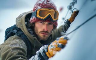 ai gerado neve alpinista esporte escalada Alto montanha e nevasca gelo montanha pico foto