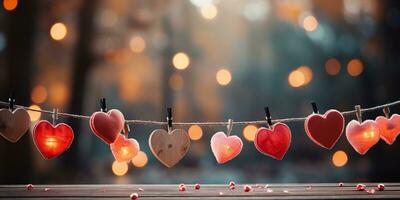 ai gerado feliz dia dos namorados dia Casamento aniversário fundo bandeira panorâmico cumprimento vermelho corações suspensão em de madeira prendedores de roupa corda com bokeh luzes em fundo foto