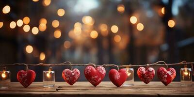 ai gerado feliz dia dos namorados dia Casamento aniversário fundo bandeira panorâmico cumprimento vermelho corações suspensão em de madeira prendedores de roupa corda com bokeh luzes em fundo foto