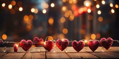 ai gerado feliz dia dos namorados dia Casamento aniversário fundo bandeira panorâmico cumprimento vermelho corações suspensão em de madeira prendedores de roupa corda com bokeh luzes em fundo foto