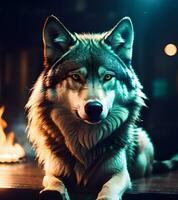 ai gerado Lobo dentro uma acolhedor quarto foto