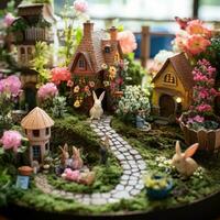 ai gerado uma caprichoso imagem do uma fada jardim, completo com miniatura casas, flores, foto